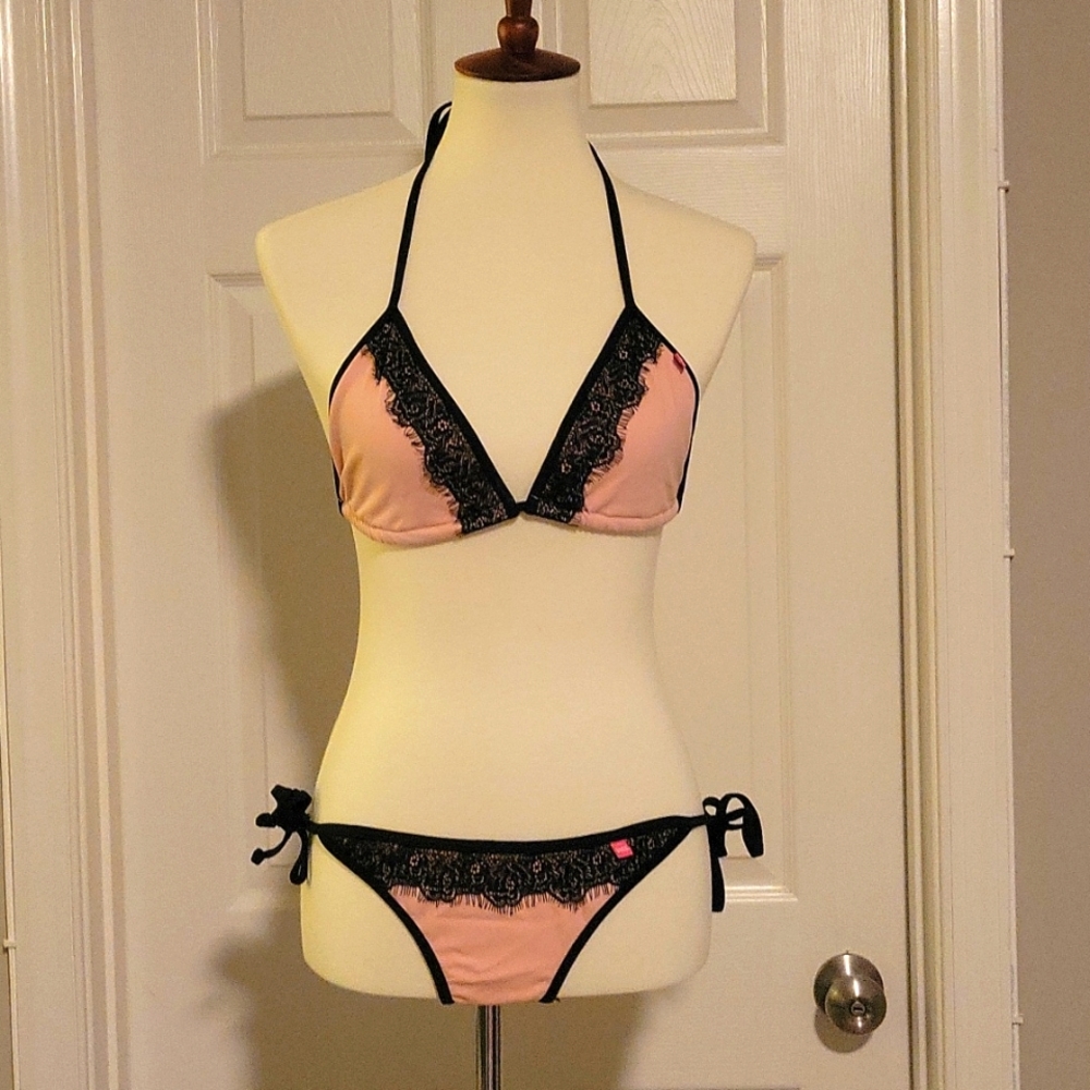 NWT Doll & Company bikini large top and bottom blush with black lace